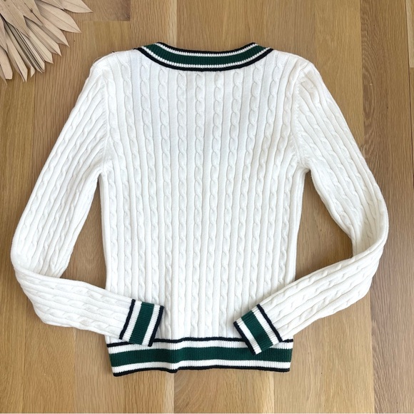 Evereve Penny White Green Cable Knit Scoop Neck Academia Preppy Sweater Small - Picture 6 of 8